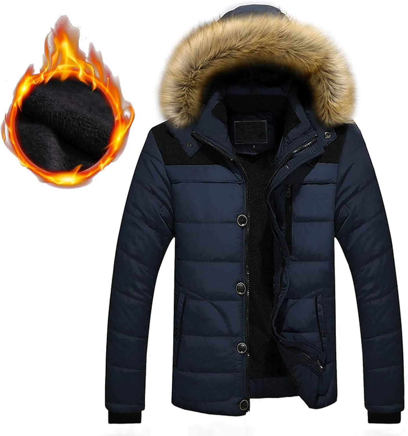 Men Winter Coat Quilted Fleece Lined Puffer Jacket Windproof Padded Coat 2024 Warm Parka with Faux Fur Removable Hood