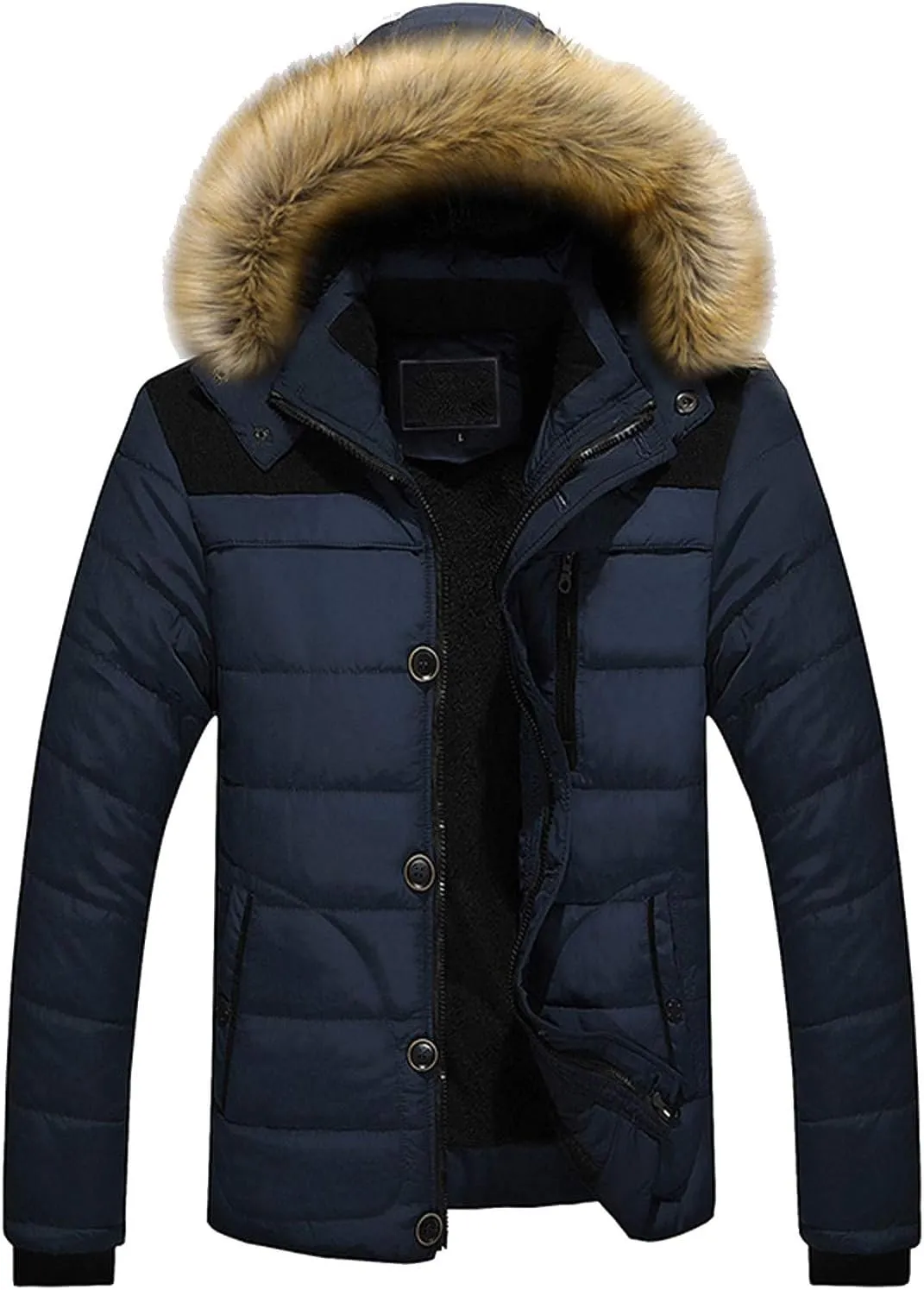 Men Winter Coat Quilted Fleece Lined Puffer Jacket Windproof Padded Coat 2024 Warm Parka with Faux Fur Removable Hood