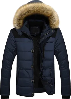 Men Winter Coat Quilted Fleece Lined Puffer Jacket Windproof Padded Coat 2024 Warm Parka with Faux Fur Removable Hood