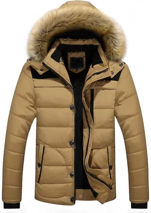 Men Winter Coat Quilted Fleece Lined Puffer Jacket Windproof Padded Coat 2024 Warm Parka with Faux Fur Removable Hood