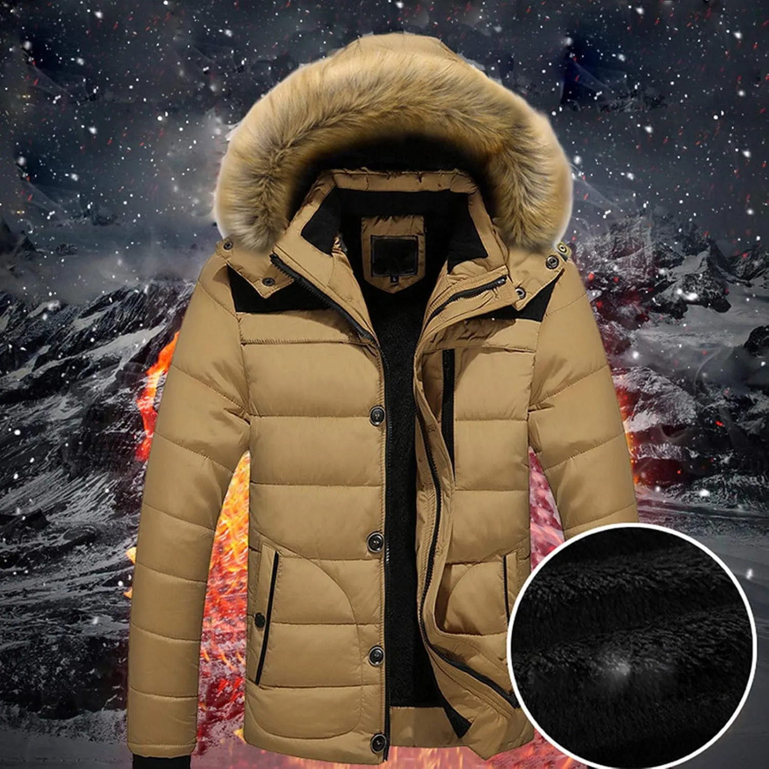 Men Winter Coat Quilted Fleece Lined Puffer Jacket Windproof Padded Coat 2024 Warm Parka with Faux Fur Removable Hood