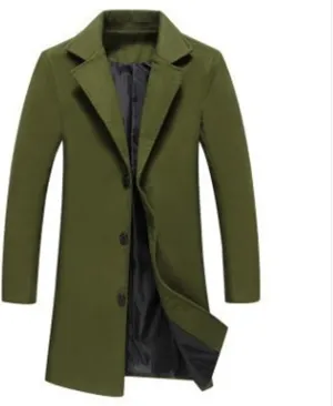 Men Winter Coat Trench Overcoat Wool Blend Casual Single Breasted Mid-Long Pea Top Jacket Business Office Trench Coat