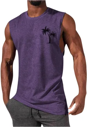 Men's Beach Tank Tops Funny Palm Tree Print Graphic Tee Shirts Casual Sleeveless Muscle T-Shirt Trendy Clothes