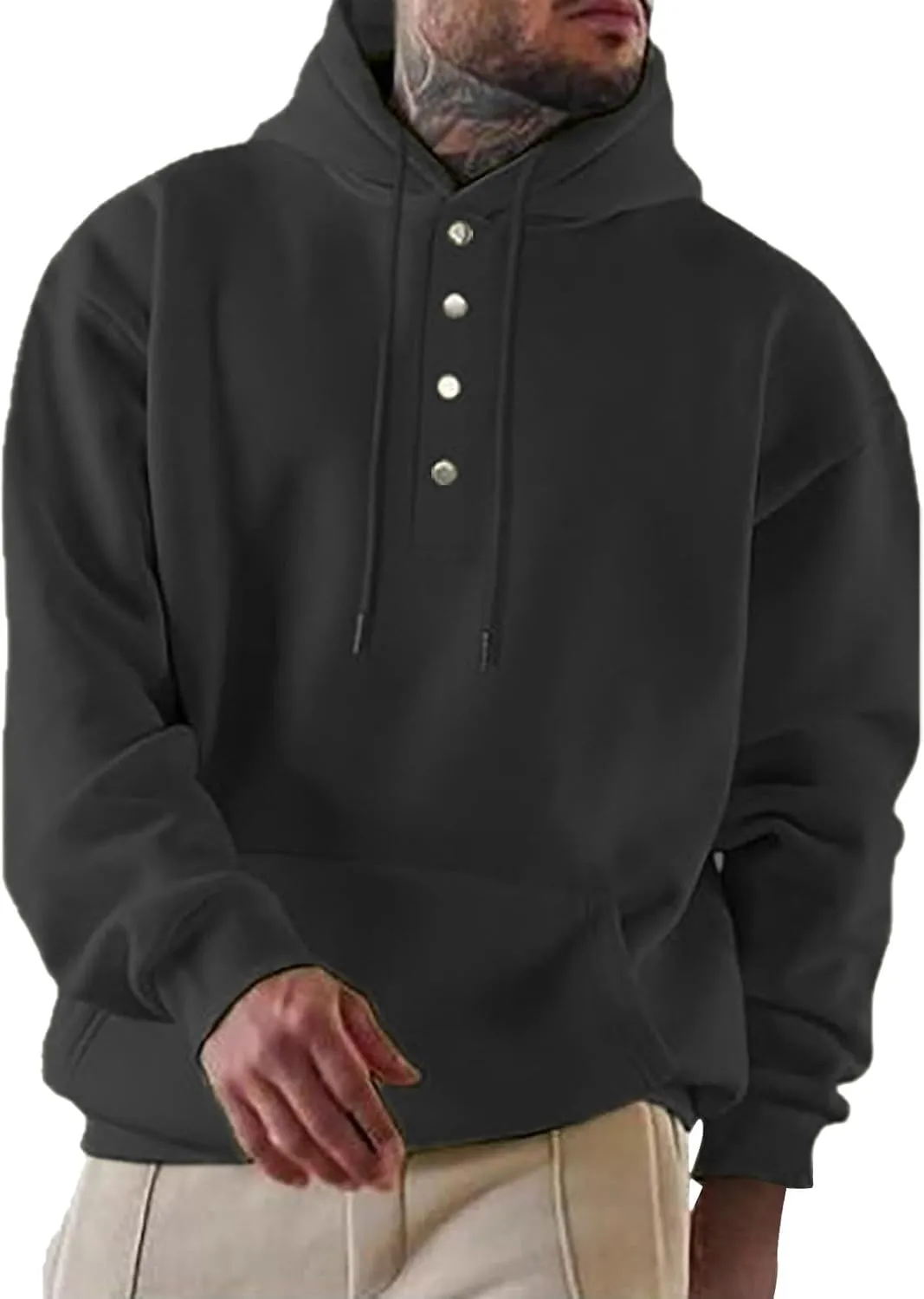 Men's Button Hoodie Sweatshirt Solid Color Casual Long Sleeve with Pocket Pullover Loose Fit Drawstring Winter Outfits