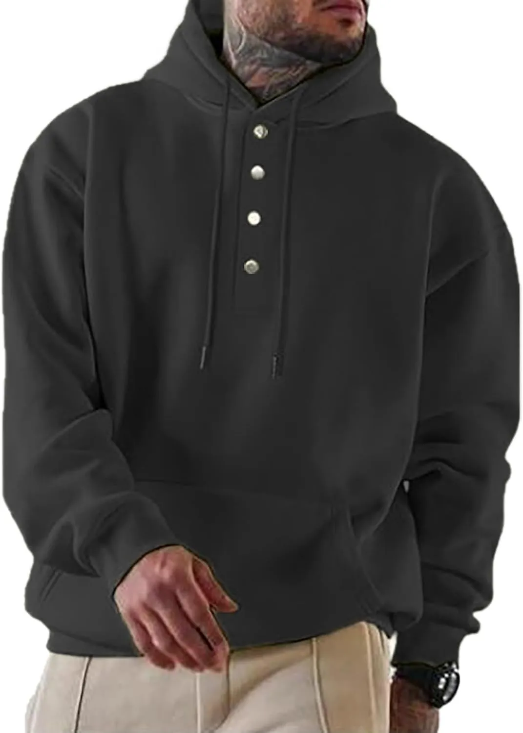 Men's Button Hoodie Sweatshirt Solid Color Casual Long Sleeve with Pocket Pullover Loose Fit Drawstring Winter Outfits