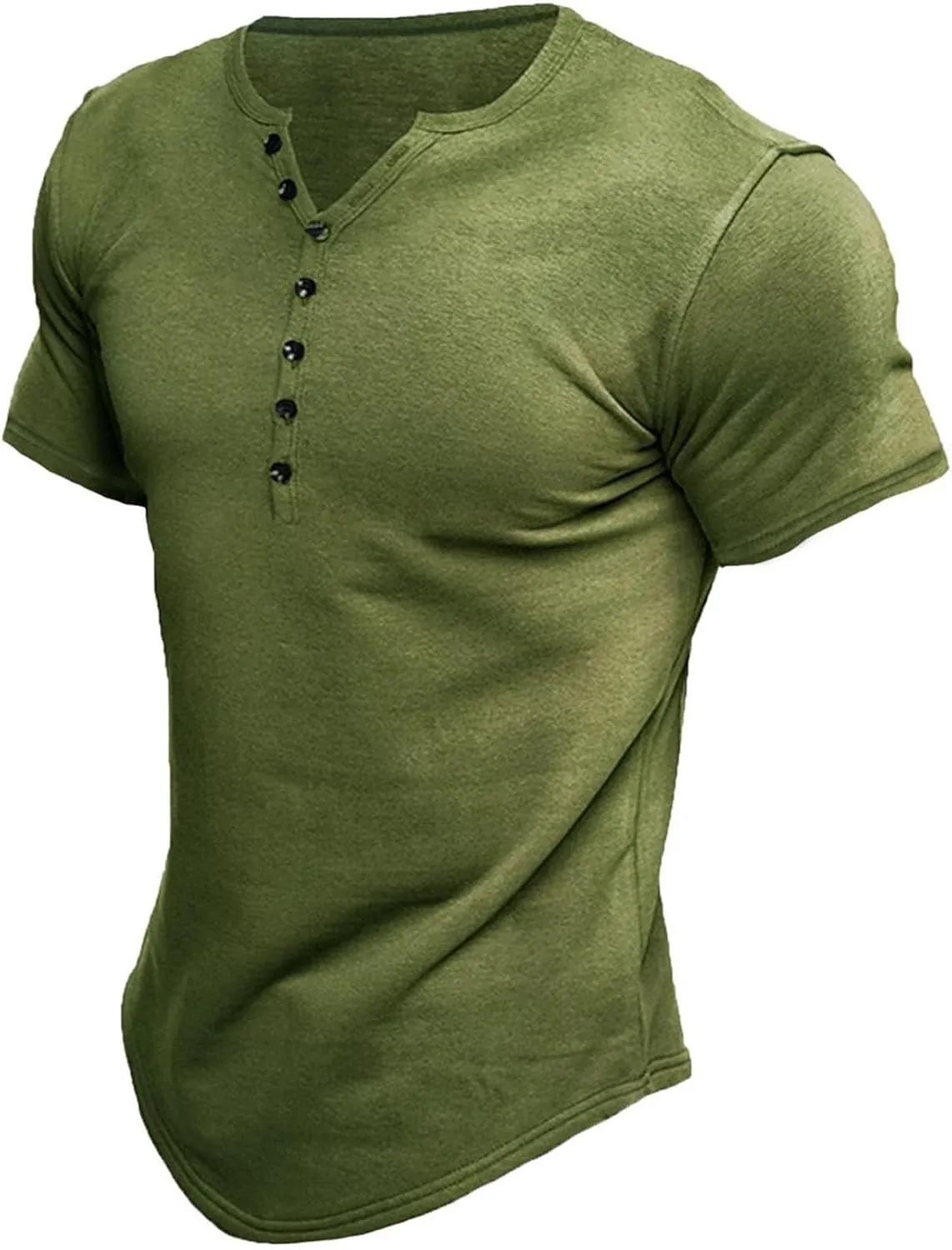 Men's Casual Button Cotton T Shirts Short Sleeve V-Neck Slim Fit Stretch Solid Shirt Classic Basic Pullover Tops