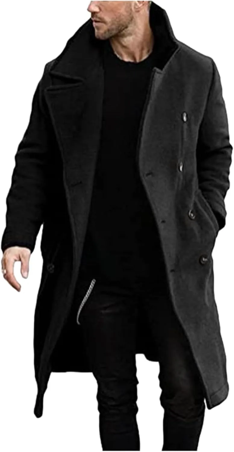 Mens Classic Mid-Length Double Breasted Peacoat Wool Blend Quilted Lined Notched Collar Overcoat Trench Coat Fall Winter