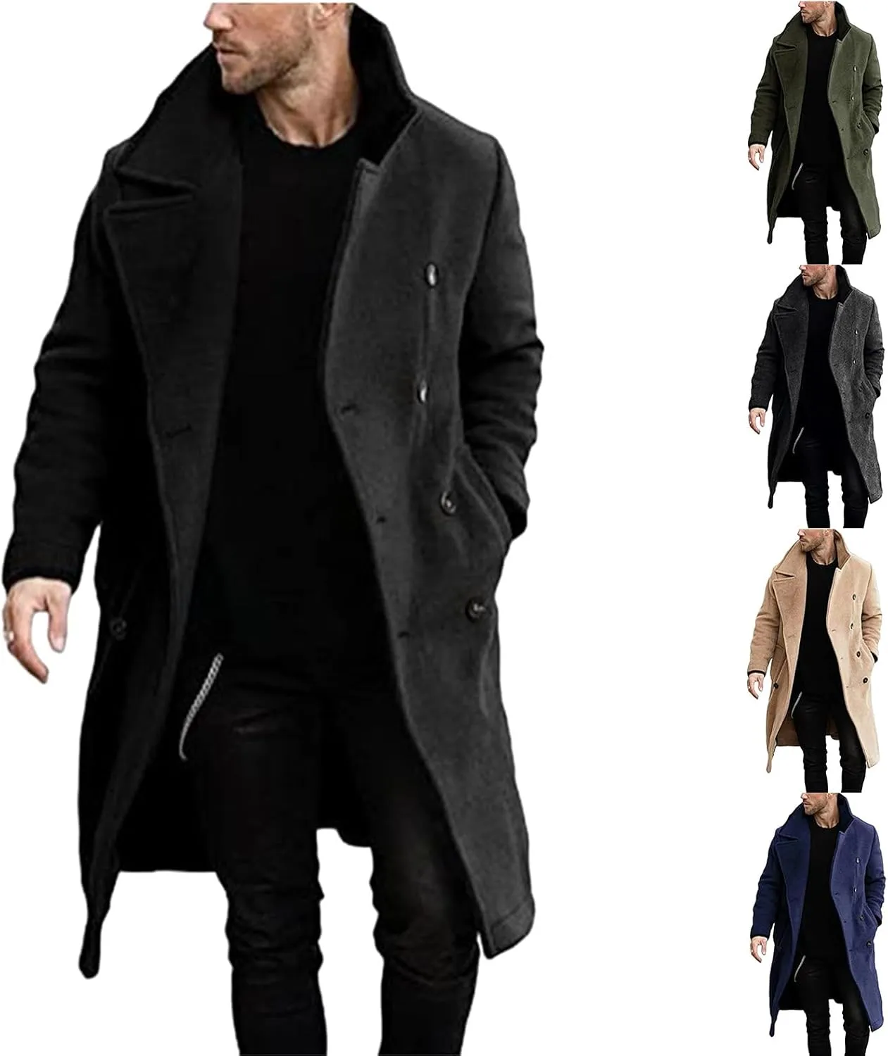 Mens Classic Mid-Length Double Breasted Peacoat Wool Blend Quilted Lined Notched Collar Overcoat Trench Coat Fall Winter