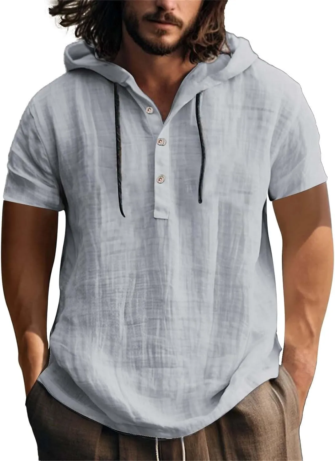 Men's Cotton Linen Shirts with Hood V Neck Short Sleeve Hooded Pullover 2025 Trendy Lace Tropical Summer Hippie Shirt