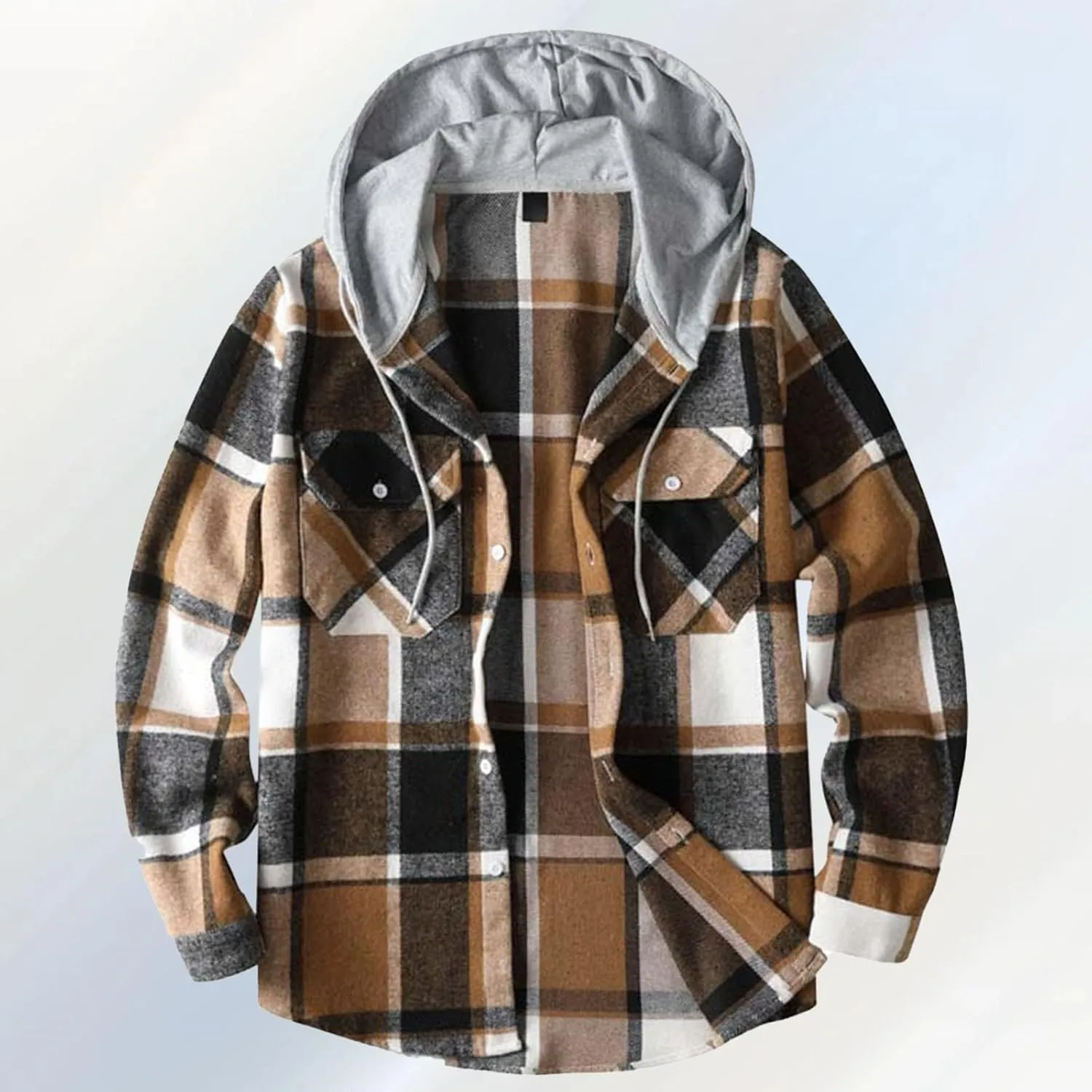 Mens Cotton Plaid Shirt Jacket Casual Flannel Button Down Hooded Shirt Soft Warm Outdoor Cotton Coat Top with Pocket