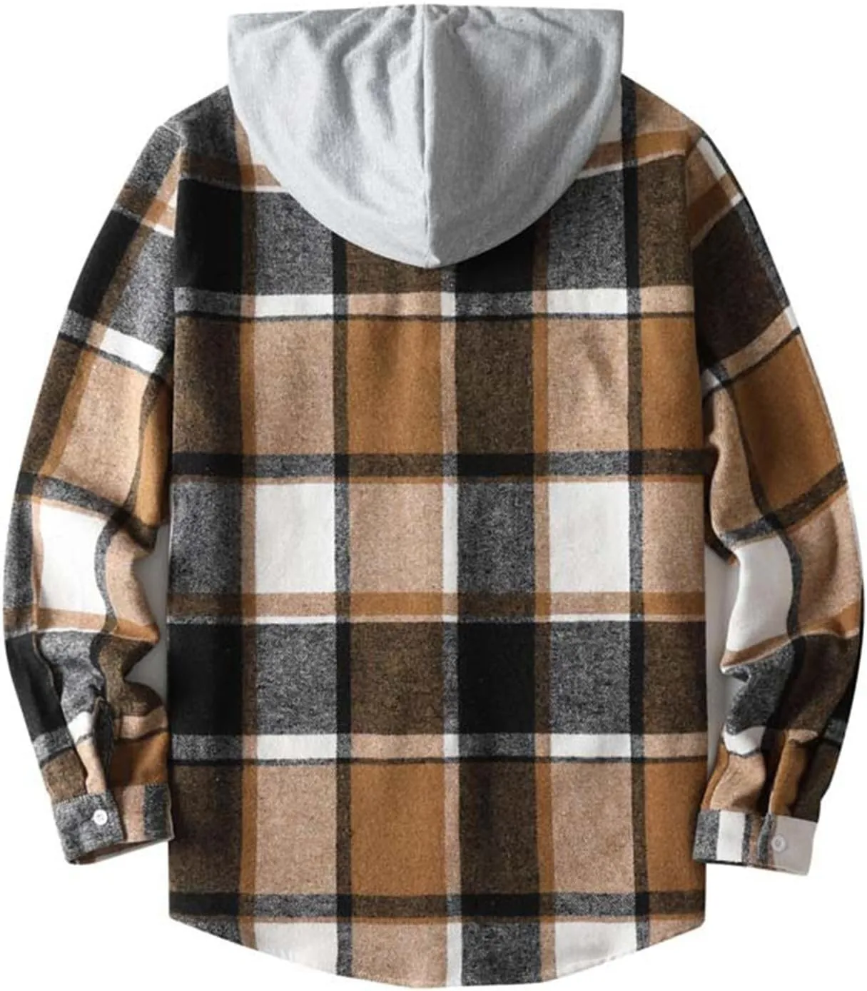 Mens Cotton Plaid Shirt Jacket Casual Flannel Button Down Hooded Shirt Soft Warm Outdoor Cotton Coat Top with Pocket