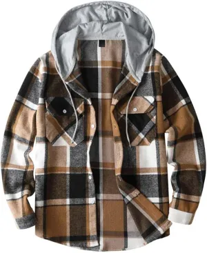 Mens Cotton Plaid Shirt Jacket Casual Flannel Button Down Hooded Shirt Soft Warm Outdoor Cotton Coat Top with Pocket