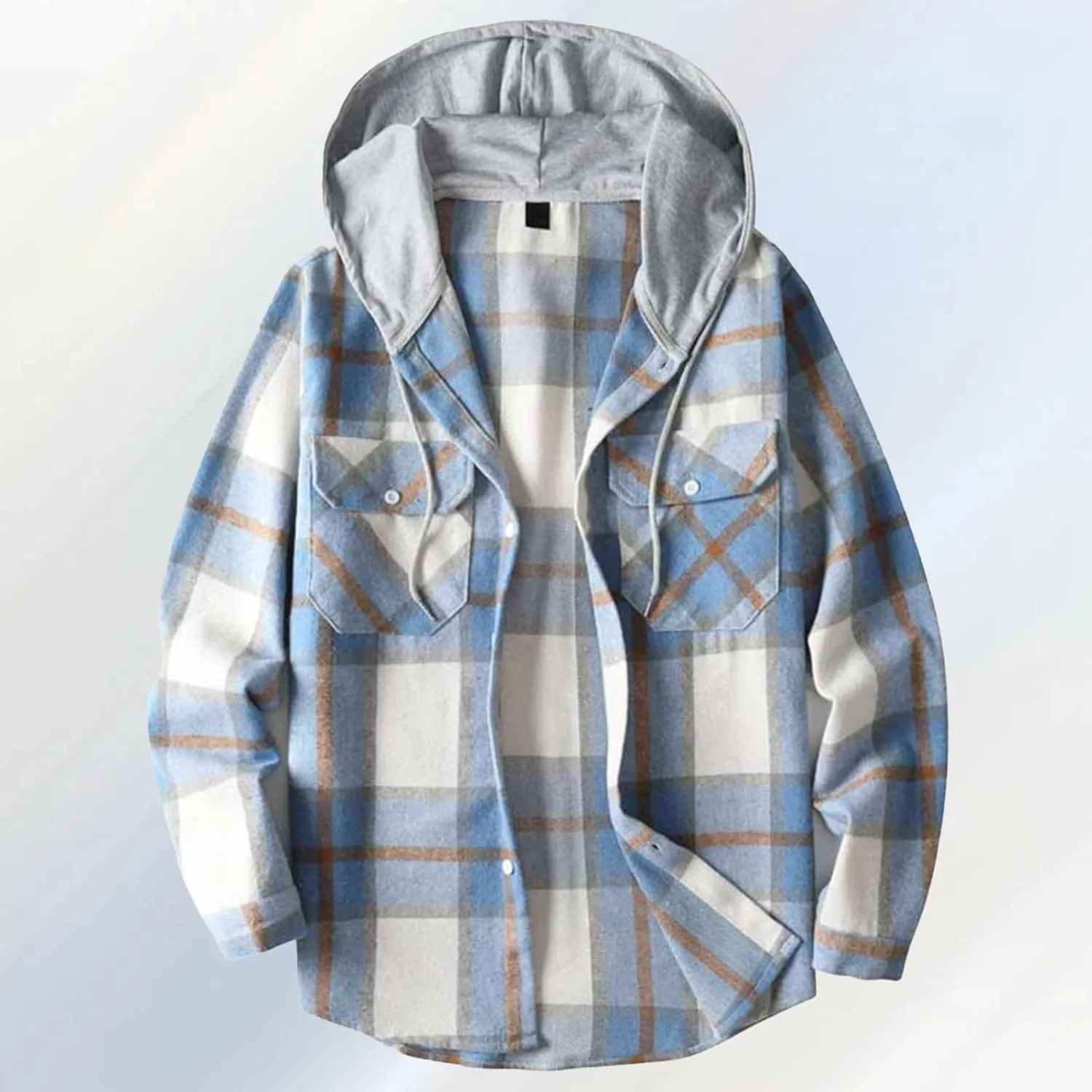 Mens Cotton Plaid Shirt Jacket Casual Flannel Button Down Hooded Shirt Soft Warm Outdoor Cotton Coat Top with Pocket