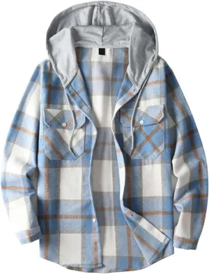 Mens Cotton Plaid Shirt Jacket Casual Flannel Button Down Hooded Shirt Soft Warm Outdoor Cotton Coat Top with Pocket