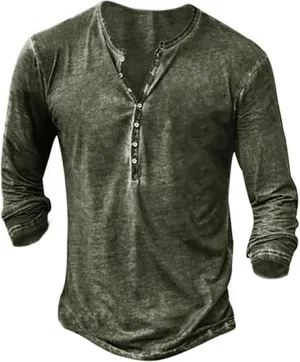 Mens Distressed Henley Shirts Front Placket Retro Long Sleeve Tee Shirts Casual Button Down Washed T-Shirts for Men