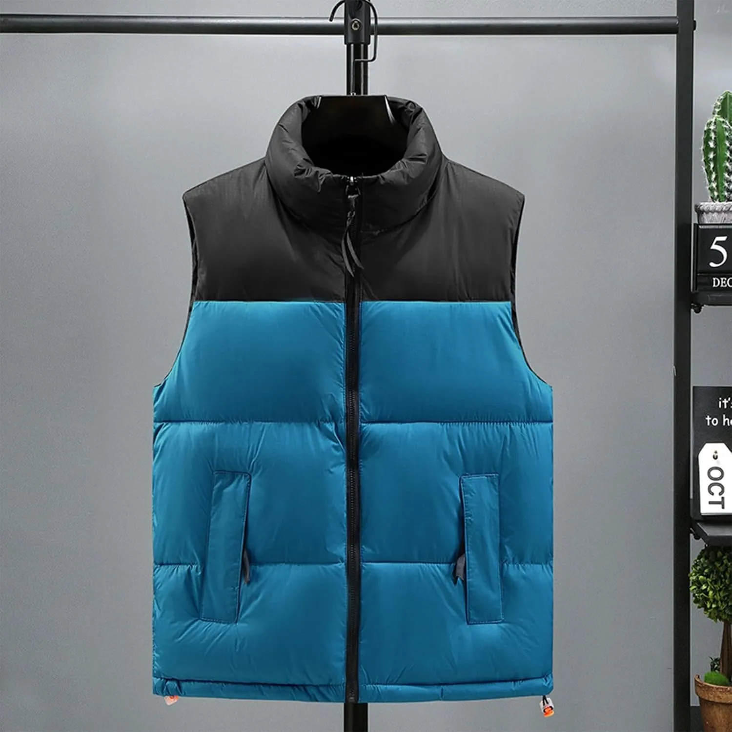 Mens Fashion Puffer Vest Soft Solid Color Zip Up Sleeveless Jacket Coat Outdoor Stand Collar with Pockets Vest