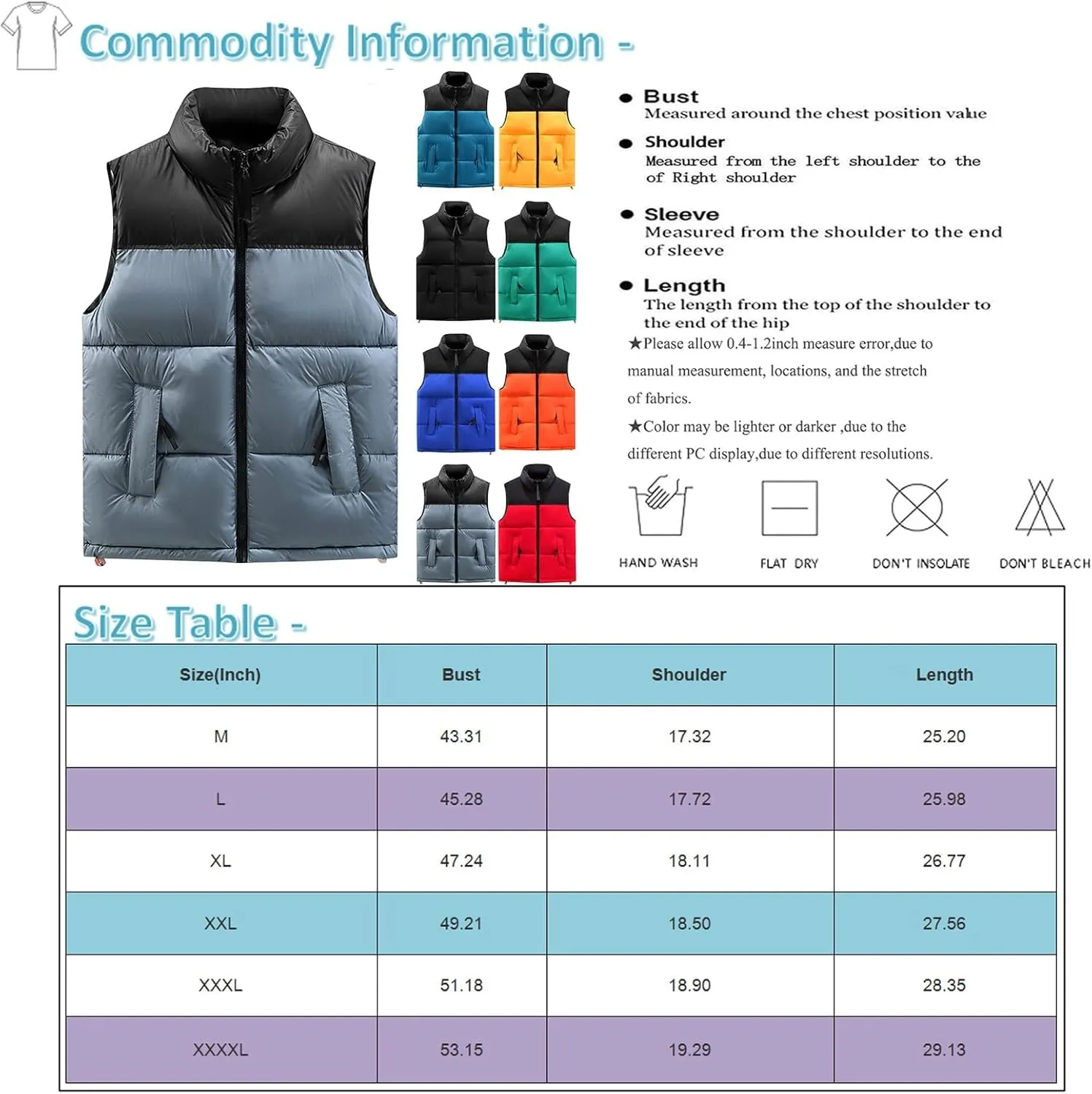 Mens Fashion Puffer Vest Soft Solid Color Zip Up Sleeveless Jacket Coat Outdoor Stand Collar with Pockets Vest