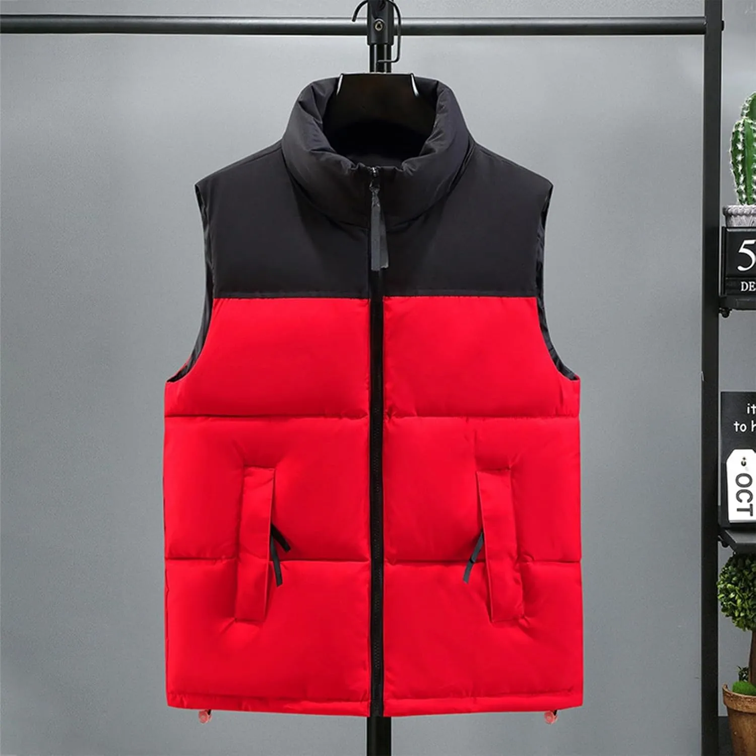 Mens Fashion Puffer Vest Soft Solid Color Zip Up Sleeveless Jacket Coat Outdoor Stand Collar with Pockets Vest