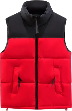 Mens Fashion Puffer Vest Soft Solid Color Zip Up Sleeveless Jacket Coat Outdoor Stand Collar with Pockets Vest