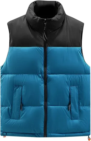 Mens Fashion Puffer Vest Soft Solid Color Zip Up Sleeveless Jacket Coat Outdoor Stand Collar with Pockets Vest