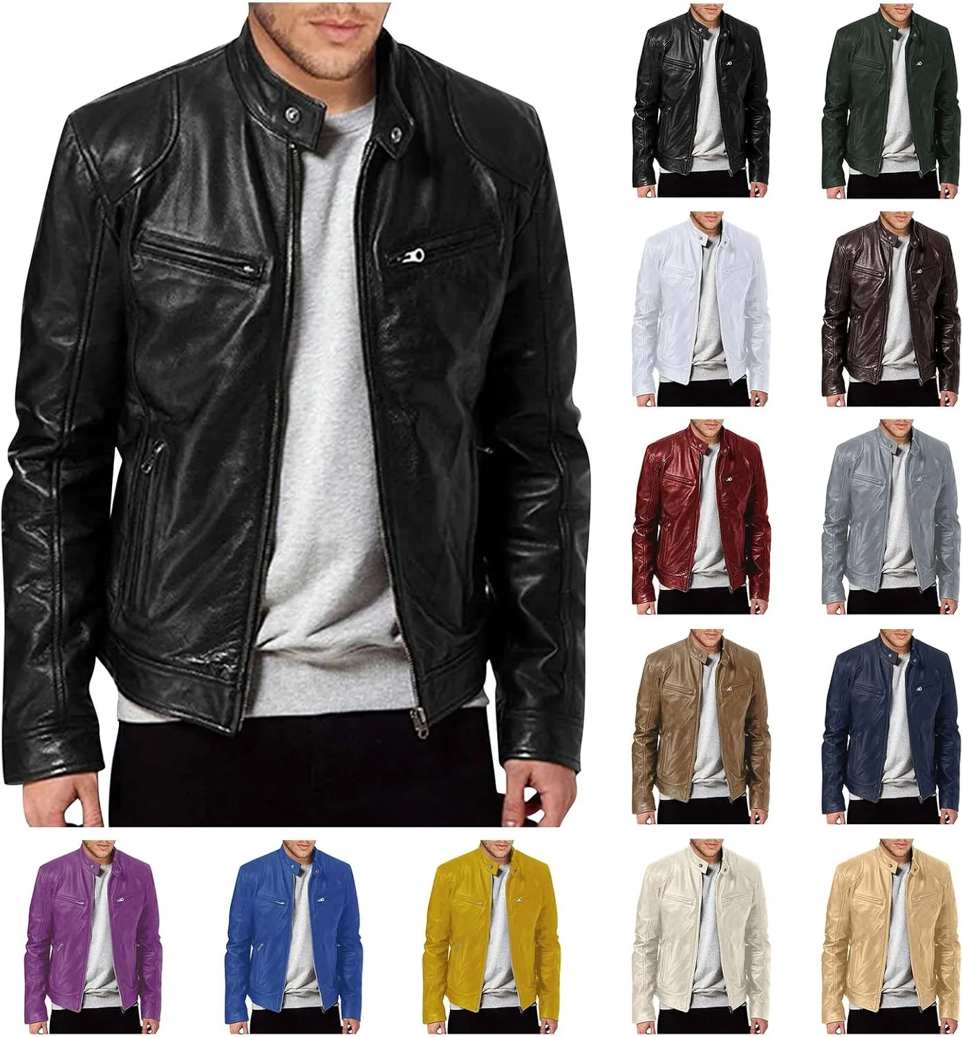 Mens Faux Lambskin Leather Biker Jacket Cafe Racer Vintage Real Brown Motorcycle Jackets with Zipper Pockets Multicoloured