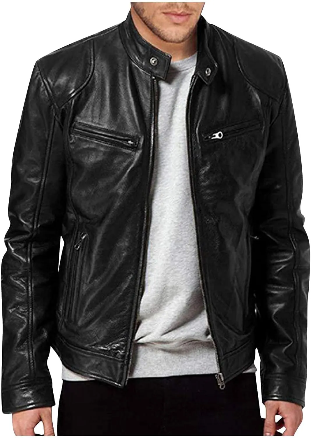 Mens Faux Lambskin Leather Biker Jacket Cafe Racer Vintage Real Brown Motorcycle Jackets with Zipper Pockets Multicoloured
