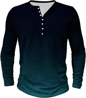 Mens Gradient Henley Shirts Vintage Long Sleeve Tees Casual Button Down V Neck T Shirt for Men Slim Fit Muscle Tops