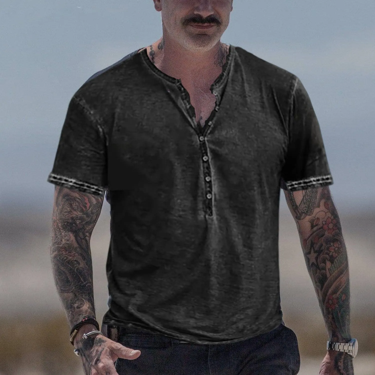 Mens Henley Shirts Retro Short Sleeve Tee V Neck Shirts Casual Button Down Washed T-Shirts for Men S~2XL