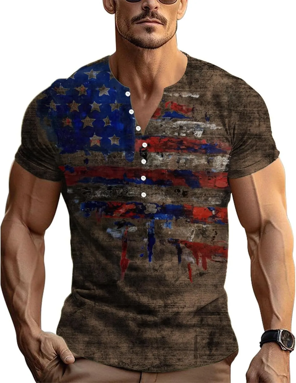 Mens Henley Shirts Retro Short Sleeve Tee V Neck Shirts Casual Button Down Washed T-Shirts for Men S~2XL