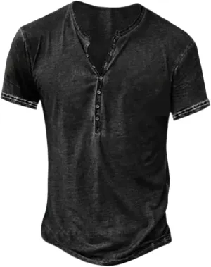 Mens Henley Shirts Retro Short Sleeve Tee V Neck Shirts Casual Button Down Washed T-Shirts for Men S~2XL