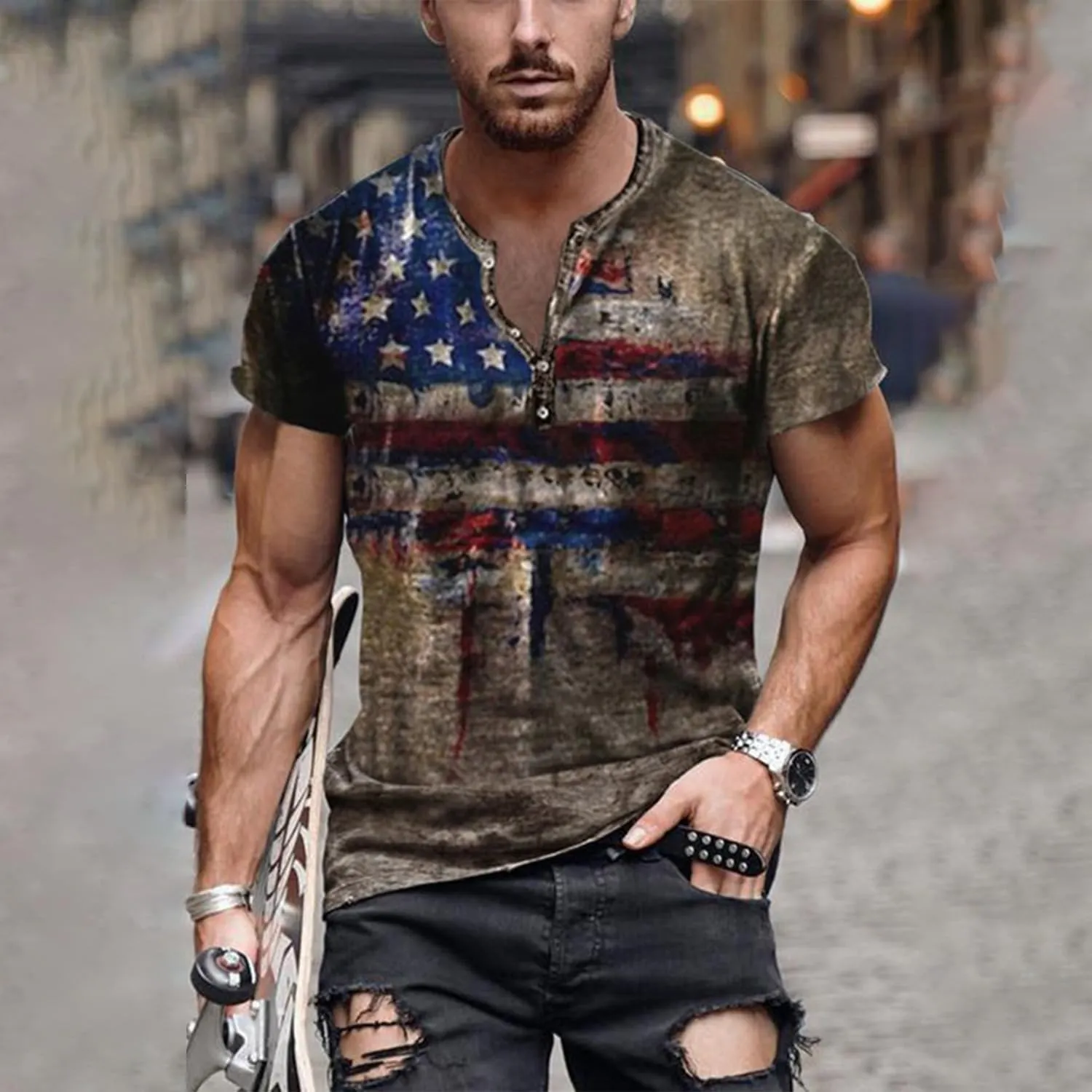 Mens Henley Shirts Retro Short Sleeve Tee V Neck Shirts Casual Button Down Washed T-Shirts for Men S~2XL