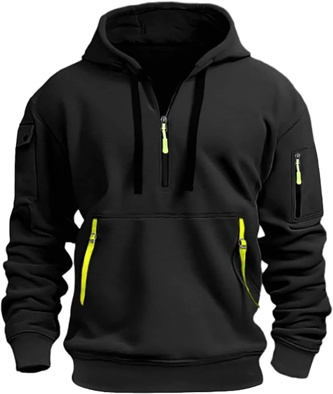 Mens Hoodie Quarter Zip Embroidered Sweatshirt Casual Long Sleeve Tunic Pullover Tops Drawstring Pocket Outwear Outfit