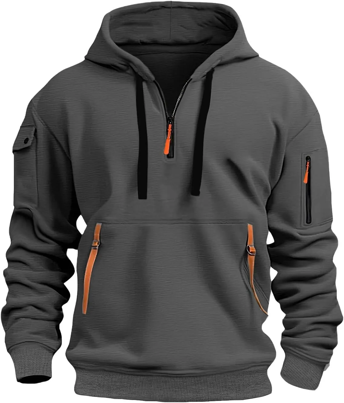 Mens Hoodie Quarter Zip Embroidered Sweatshirt Casual Long Sleeve Tunic Pullover Tops Drawstring Pocket Outwear Outfit