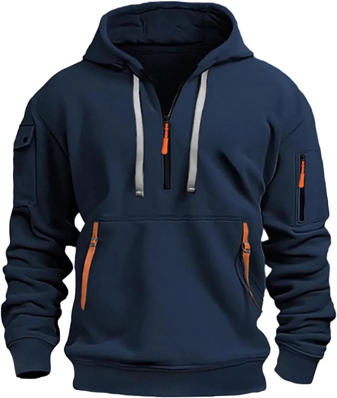 Mens Hoodie Quarter Zip Embroidered Sweatshirt Casual Long Sleeve Tunic Pullover Tops Drawstring Pocket Outwear Outfit