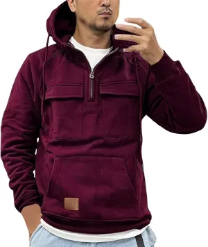 Mens Hoodie Quarter-Zip Sweatshirts Casual Long Sleeve Jackets Solid Color Drawstring Pockets Loose Fit Tooling Outfit