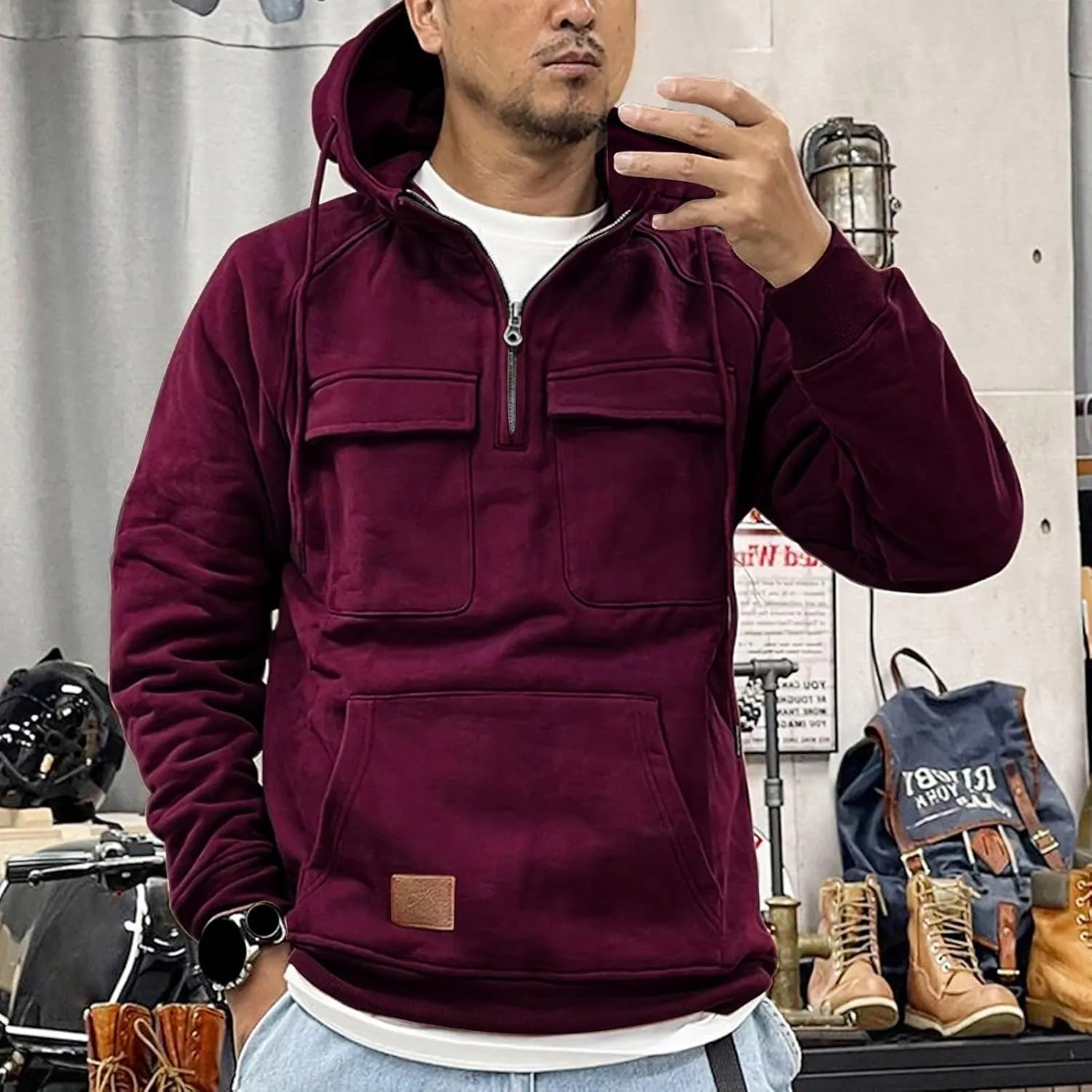 Mens Hoodie Quarter-Zip Sweatshirts Casual Long Sleeve Jackets Solid Color Drawstring Pockets Loose Fit Tooling Outfit