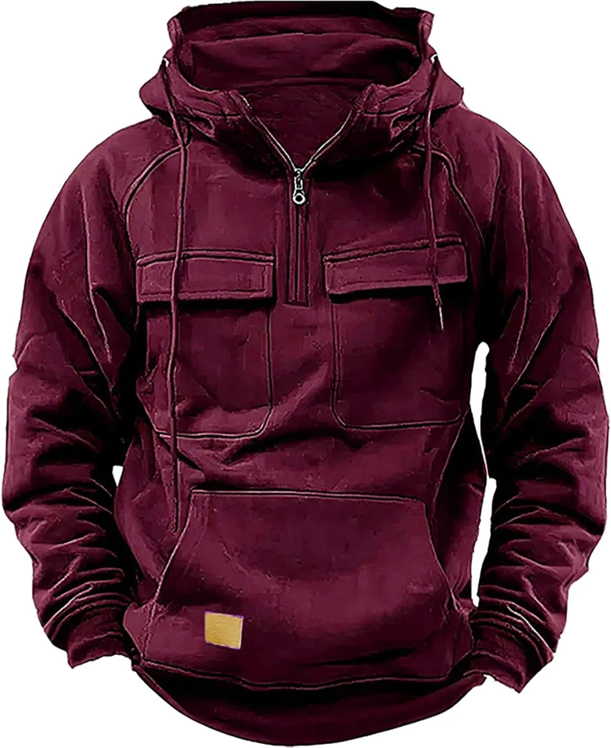 Mens Hoodie Quarter-Zip Sweatshirts Casual Long Sleeve Jackets Solid Color Drawstring Pockets Loose Fit Tooling Outfit