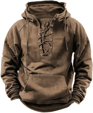 Mens Hoodie Sweatshirt Casual Long Sleeve Pullover Top Retro Solid Color Casual Hoodie Jacket Drawstring Pocket Outfit