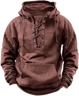 Mens Hoodie Sweatshirt Casual Long Sleeve Pullover Top Retro Solid Color Casual Hoodie Jacket Drawstring Pocket Outfit