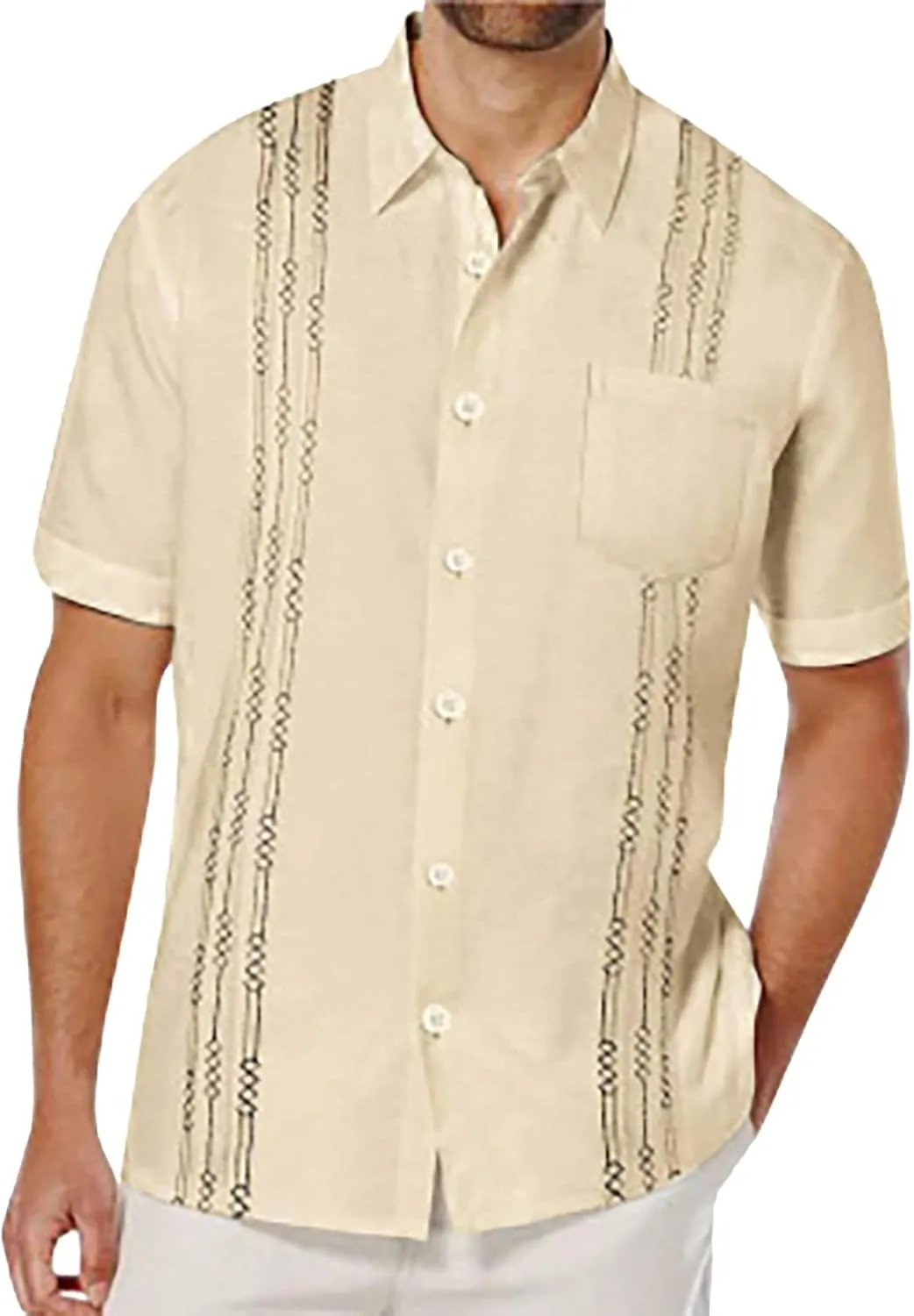 Men's Linen Shirts Short Sleeve Casual Shirt Business Dress Clothing Beach Fashion Summer Tops Crew Neck T-Shirt