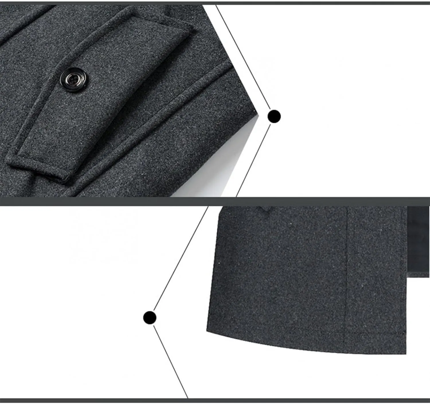 Mens Mid Length Pea Coat Thermal Single Breasted Wool Blend Coat Business Overcoat Zip Up with Zipper Flap Pockets