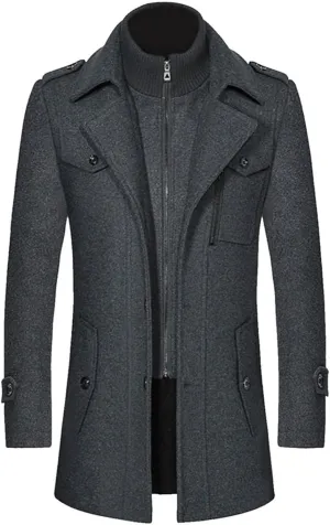 Mens Mid Length Pea Coat Thermal Single Breasted Wool Blend Coat Business Overcoat Zip Up with Zipper Flap Pockets