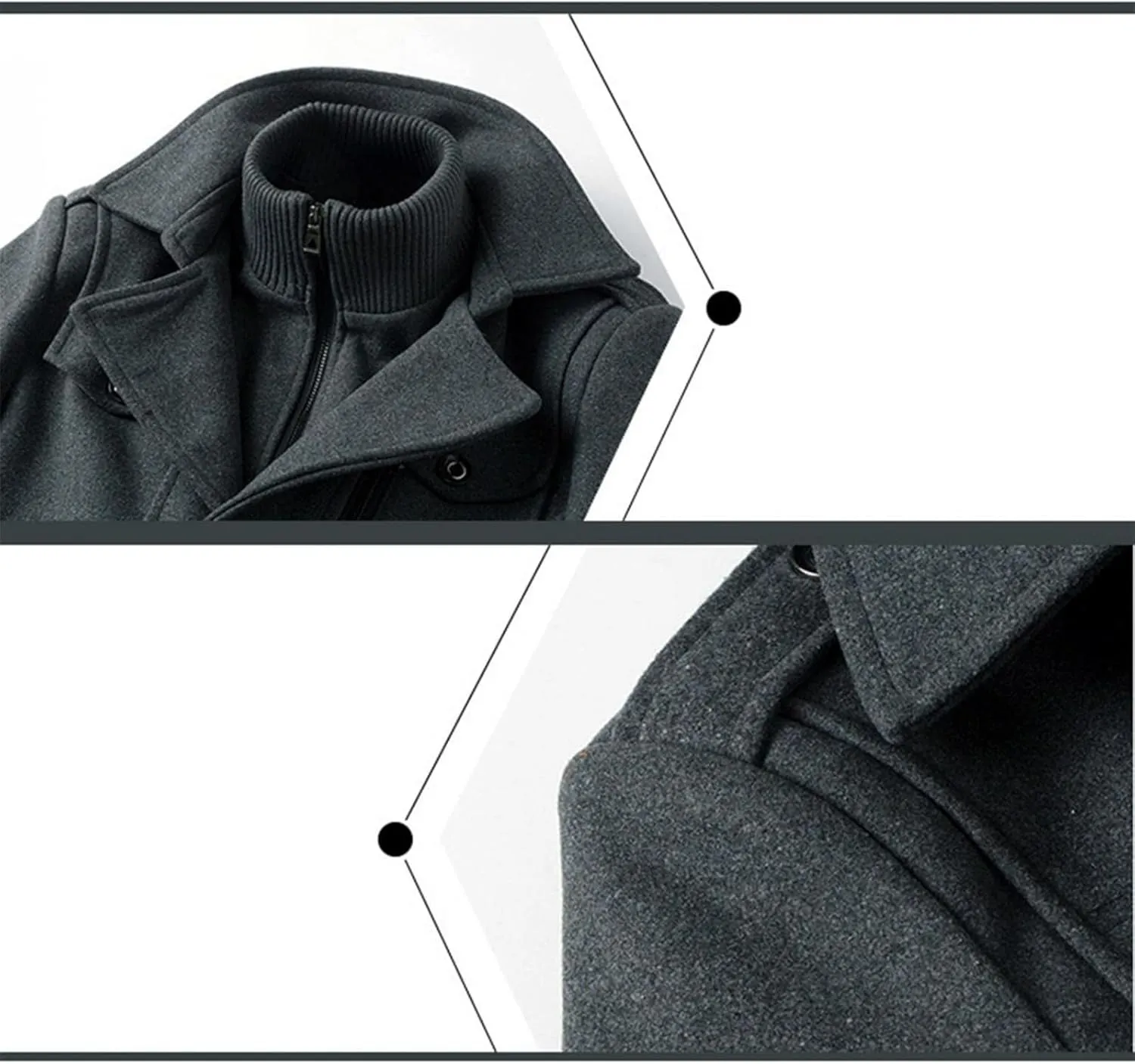 Mens Mid Length Pea Coat Thermal Single Breasted Wool Blend Coat Business Overcoat Zip Up with Zipper Flap Pockets
