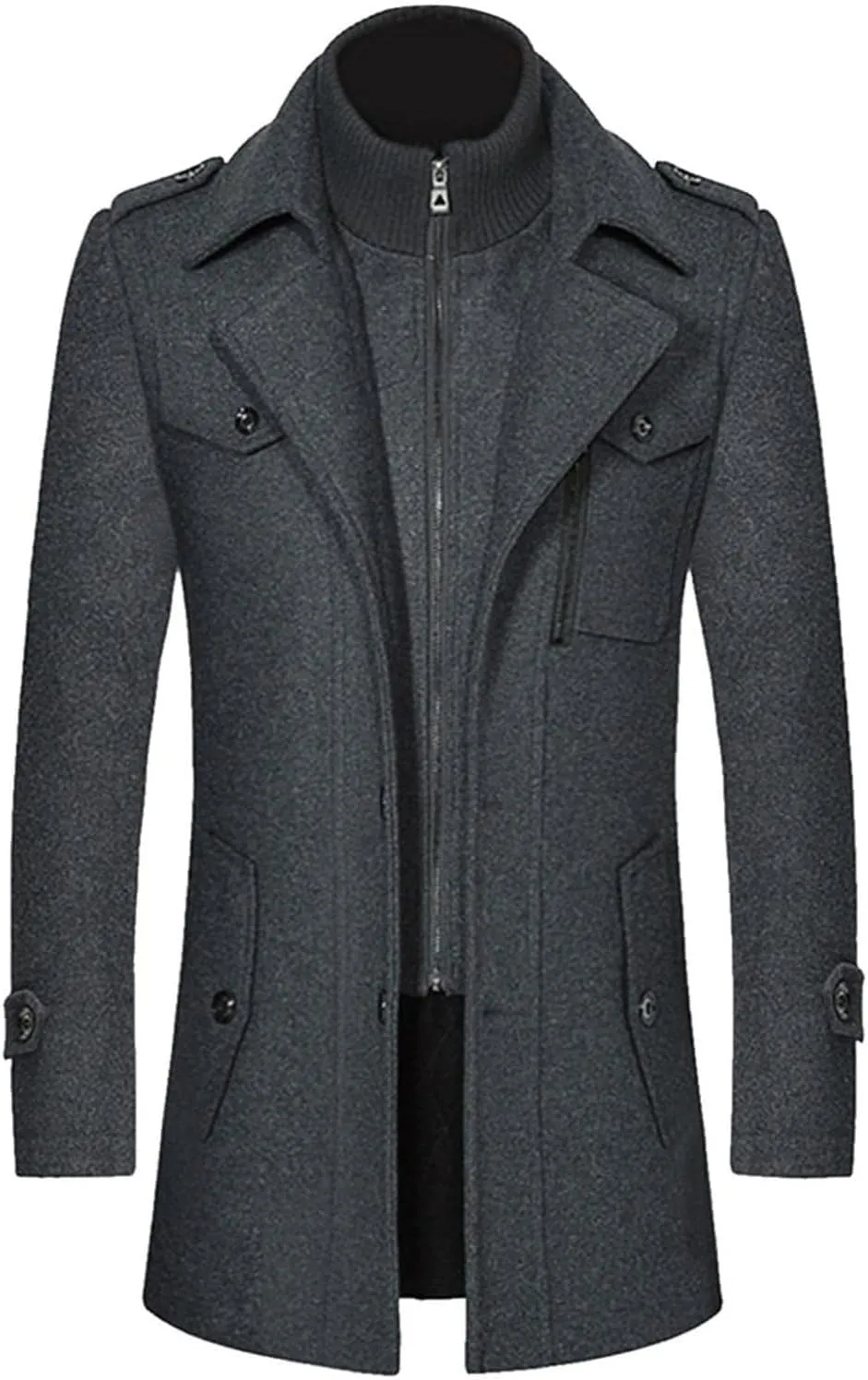 Mens Mid Length Pea Coat Thermal Single Breasted Wool Blend Coat Business Overcoat Zip Up with Zipper Flap Pockets