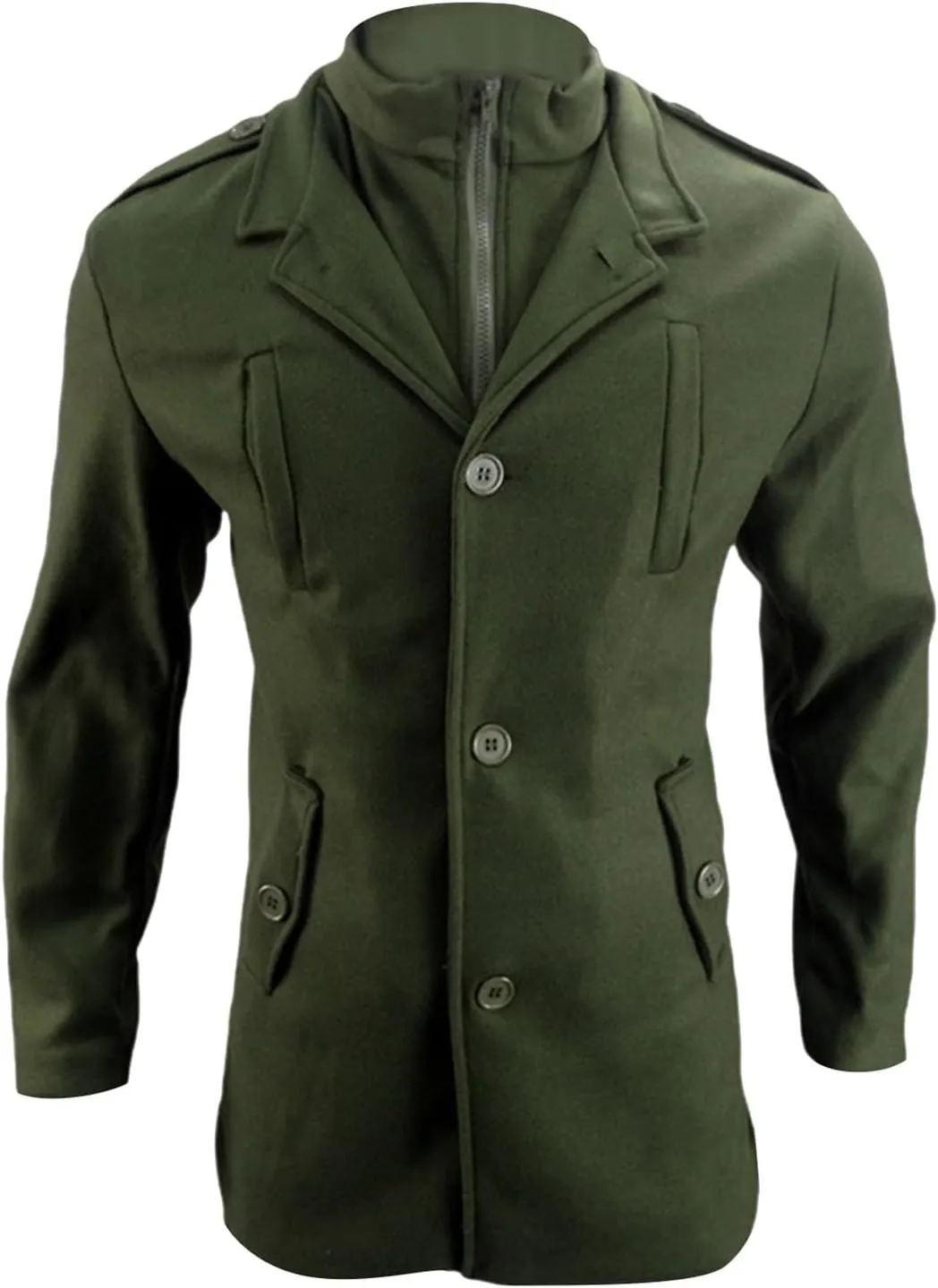 Mens Single Breasted Trench Coat Winter Wool Blend Pea Coat Warm Stand Collar Work Business Jacket Outerwear