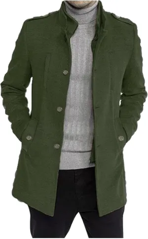 Mens Single Breasted Trench Coat Winter Wool Blend Pea Coat Warm Stand Collar Work Business Jacket Outerwear