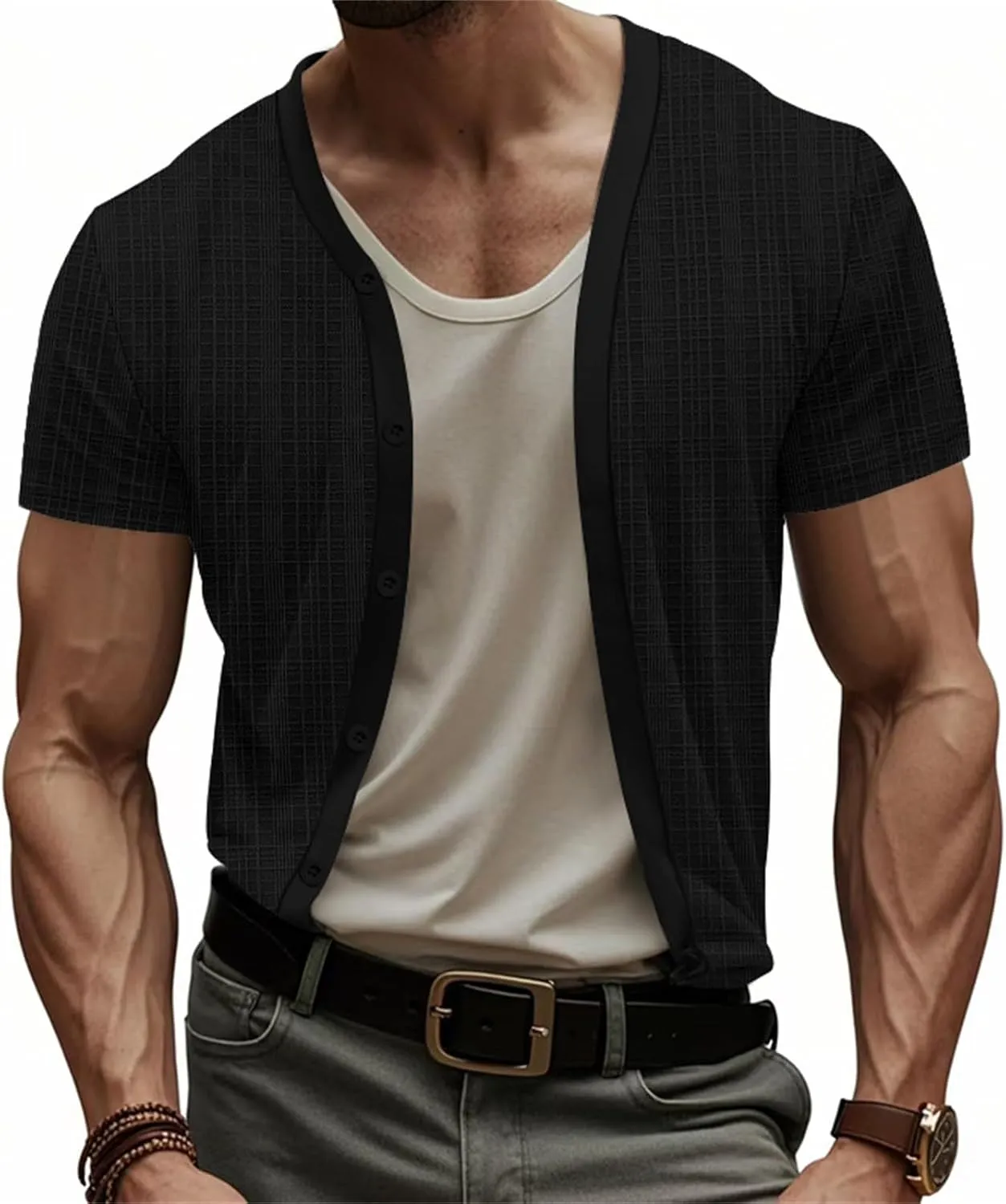 Mens Slim Fit Muscle Cardigans Shirts Sexy V Neck Open Front Button Down Collarless Shirt 2025 Fashion Casual