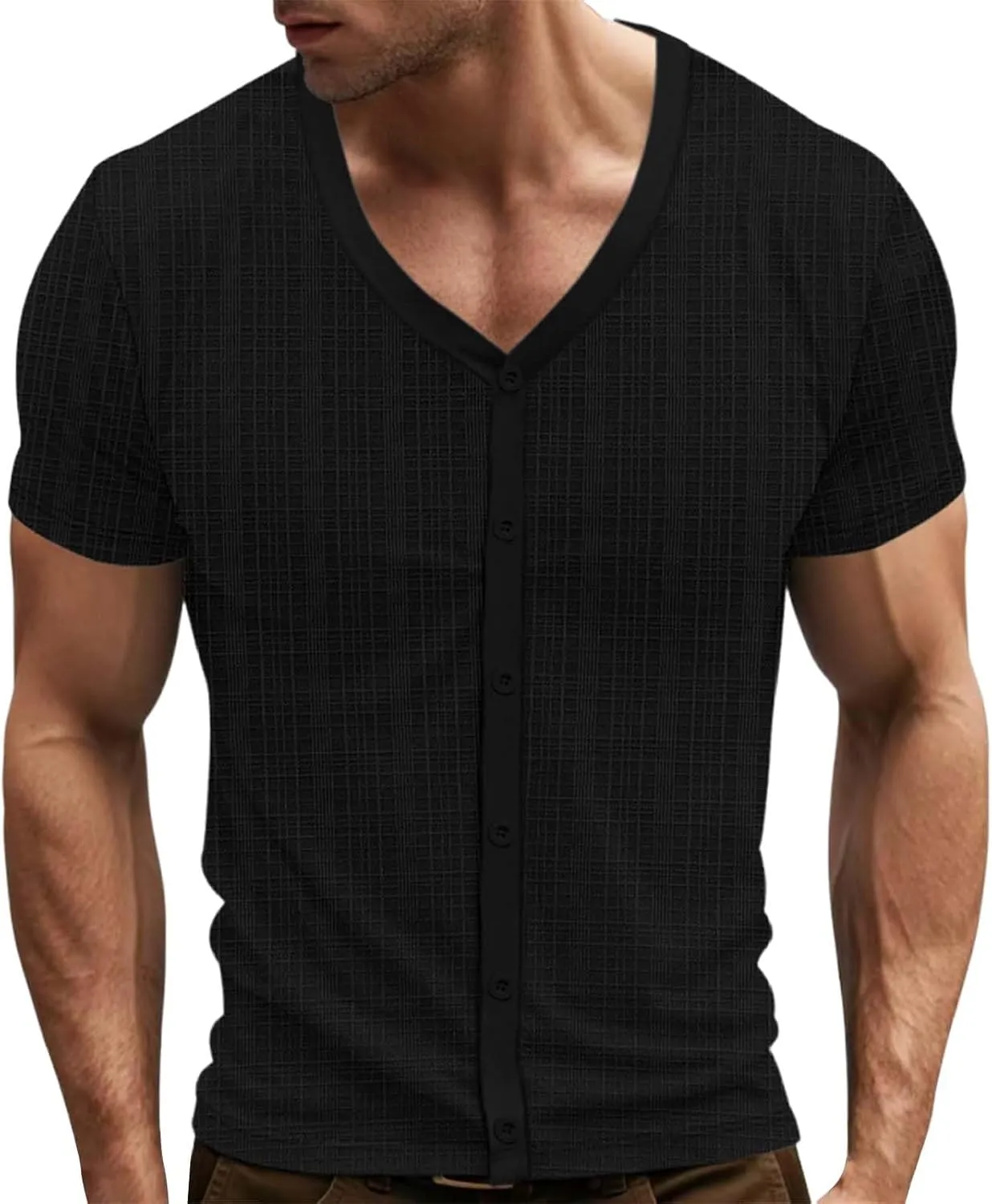 Mens Slim Fit Muscle Cardigans Shirts Sexy V Neck Open Front Button Down Collarless Shirt 2025 Fashion Casual