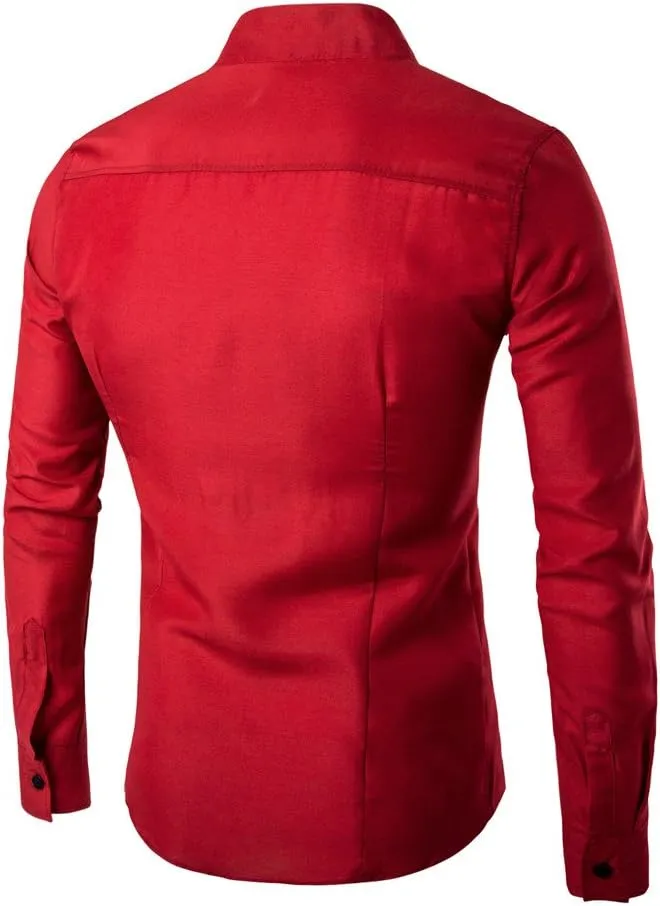 Mens Slim Fit Shirt Irregular Hem Long Sleeve Band Collar Button Down Shirts Solid Color Dress Shirts Wedding Party Shirts
