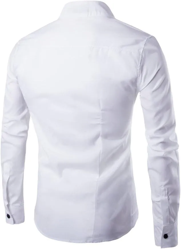 Mens Slim Fit Shirt Irregular Hem Long Sleeve Band Collar Button Down Shirts Solid Color Dress Shirts Wedding Party Shirts